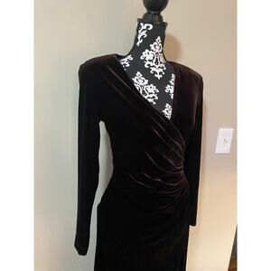 Vintage Tadashi velvet evening dress long sleeve v-neck ruched wrap brown small